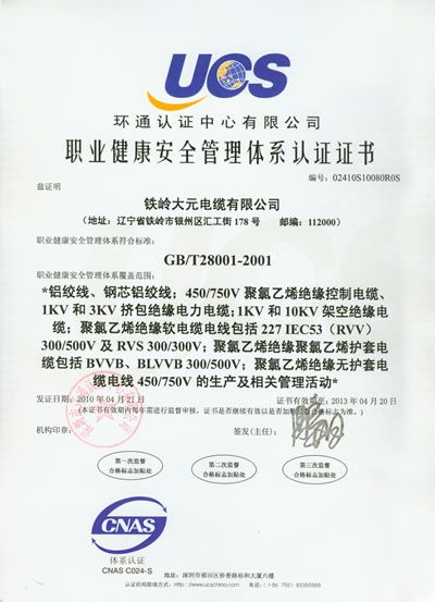 職業健康安全管理體系認證證書